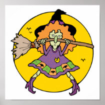 silly wicked witch with broomstick posters