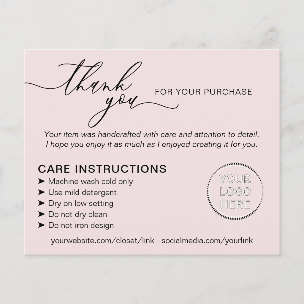 Pink Thank you Washing Care Instructions Advice